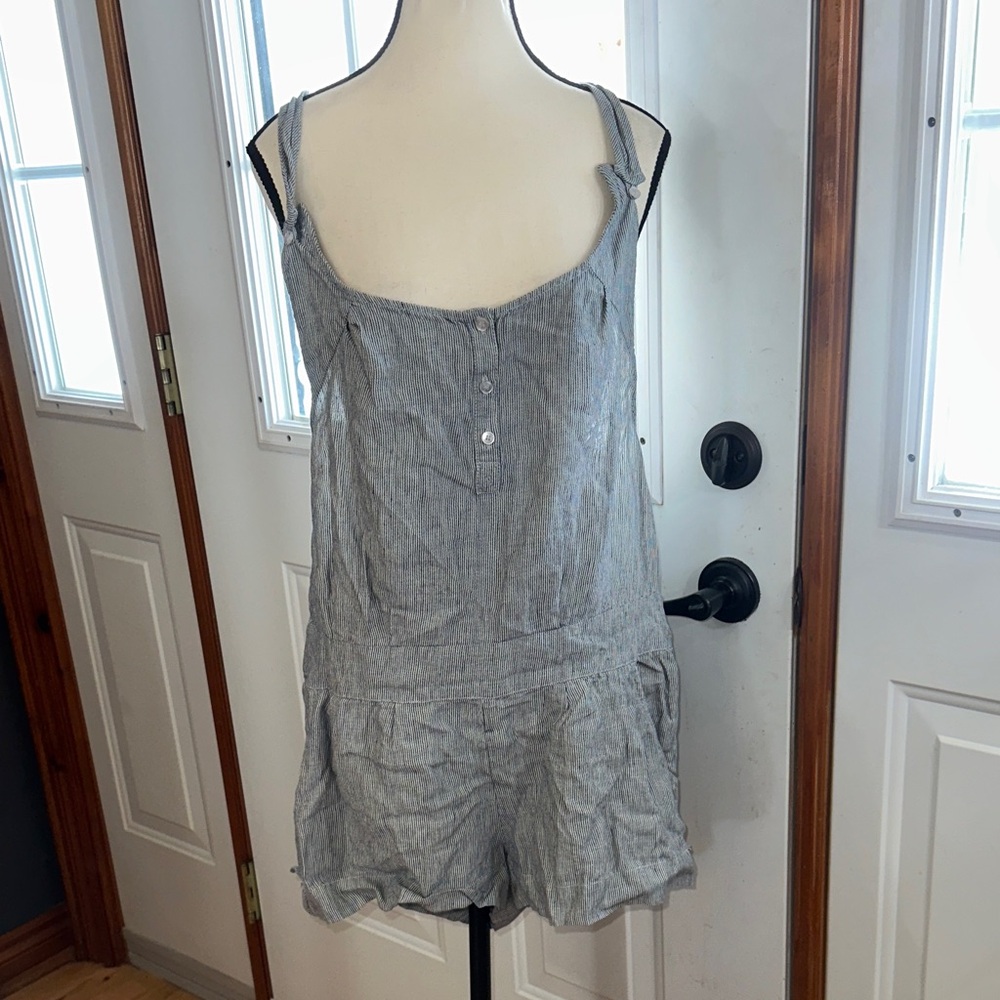 New LONDONJEAN Striped Grey and Blue Linen Romper